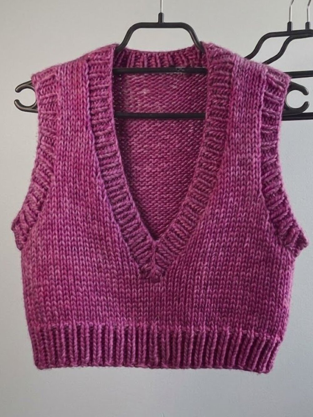 Handknit Sweater Vest - Pink Purple V-Neck Knit Top